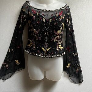 Alberto Makali Black Beaded Sheer Bell-Sleeve Blouse with Gold & Red Embroidery
